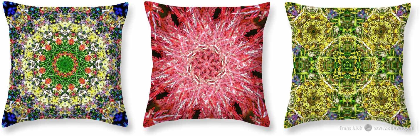 Three throw pillows, with kaleidoscopic patterns printed on them