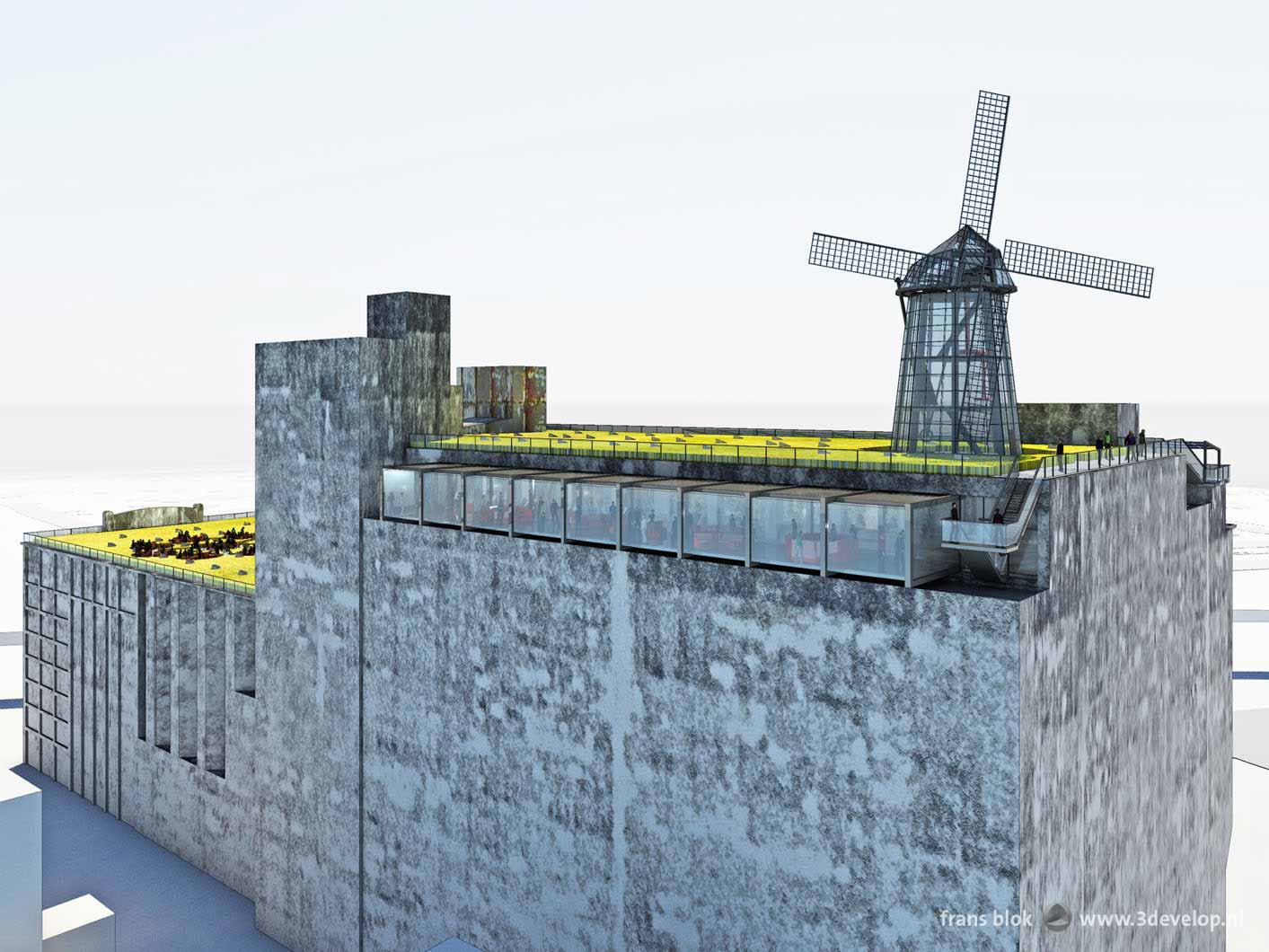 Artist impression of an idea for the roof of Maassilo in Rotterdam, with cornfields, a windmill and a skybox