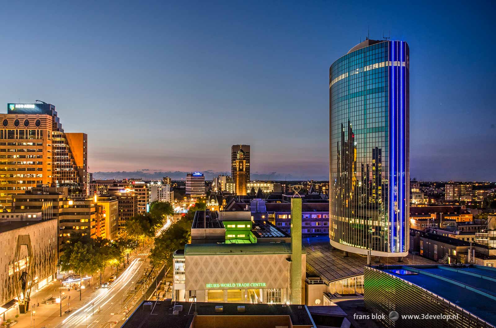 Coolsingel and Beurs World Trade Center in Rotterdam at nightfall seen from the roof of Erasmushuis