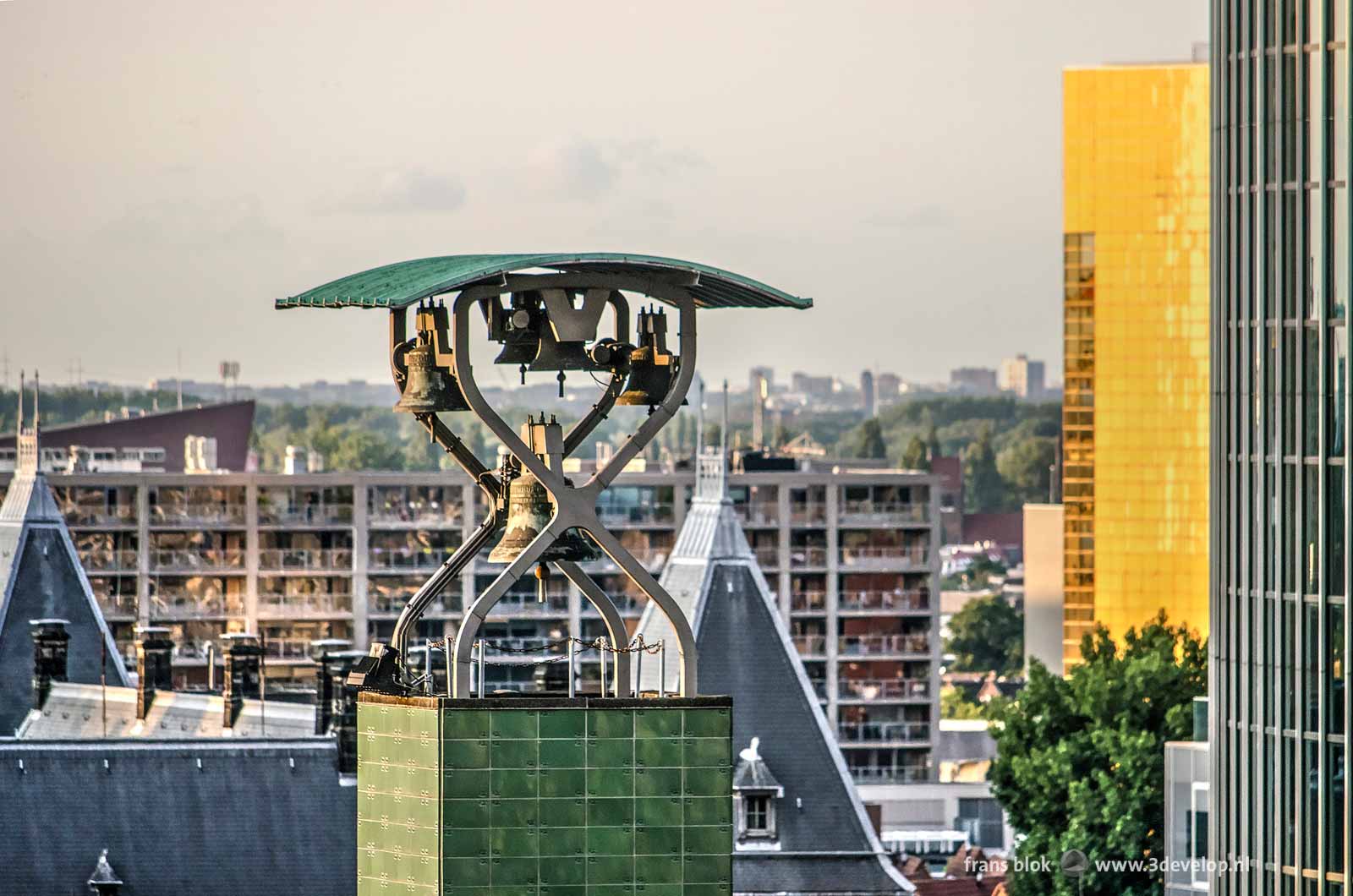 Close-up of the bells in the clock tower of Beurs WTC in Rotterdam