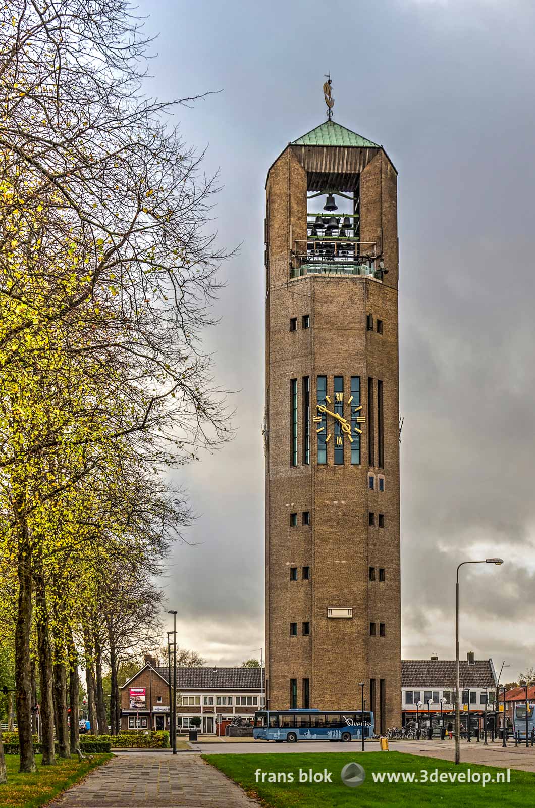 National heritage the Poldertower, with bells and clock, at the busstation in Emmeloord in the North East Polder in the Netherlands