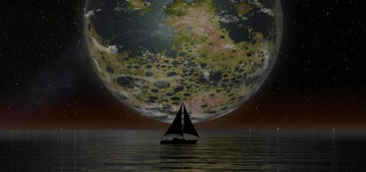 Atmospheric nocturnal picture of a terraformed Moon, low above the horizon, that shines its green-yellow light on a slightly undulating water surface with a sailboat on it