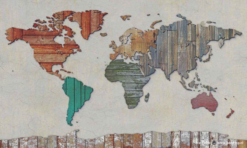 world map made of scrapwood, old planks, plywood and othe recycled material