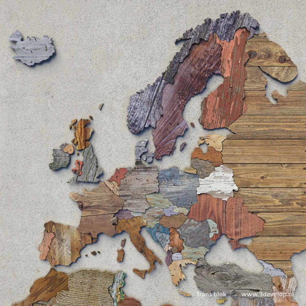 The digital scrapwood map of Europe, made of 54 different pieces of virtually recycled wood