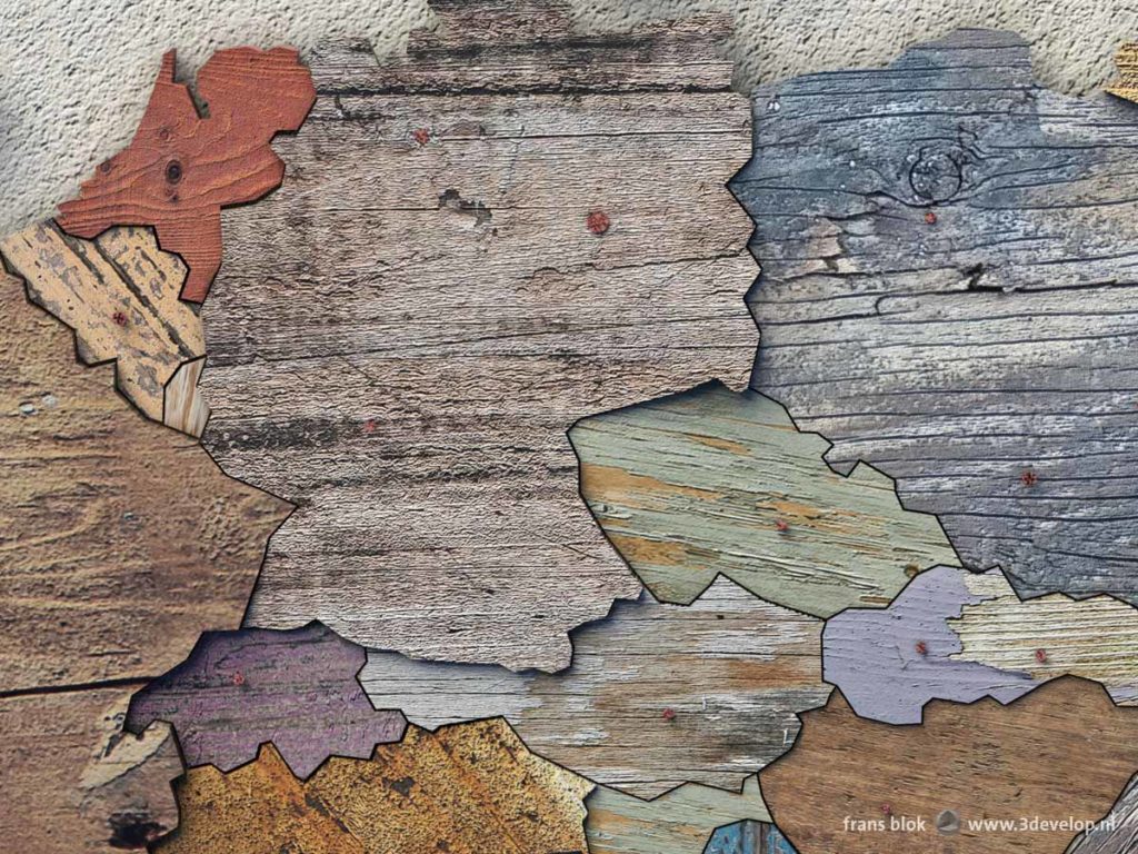 Detail of the scrapwood map of Europa featuring various countries in Central Europe