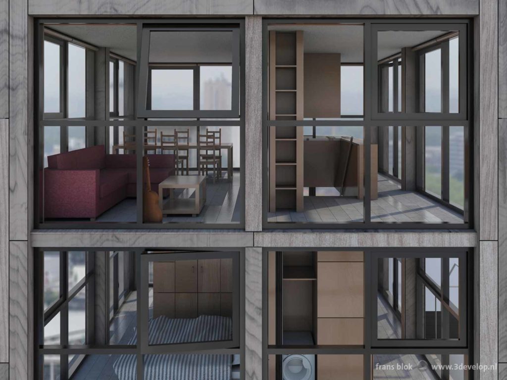 A view through the windows of a compact cube-shaped rooftop house, towards living room and sleeping room