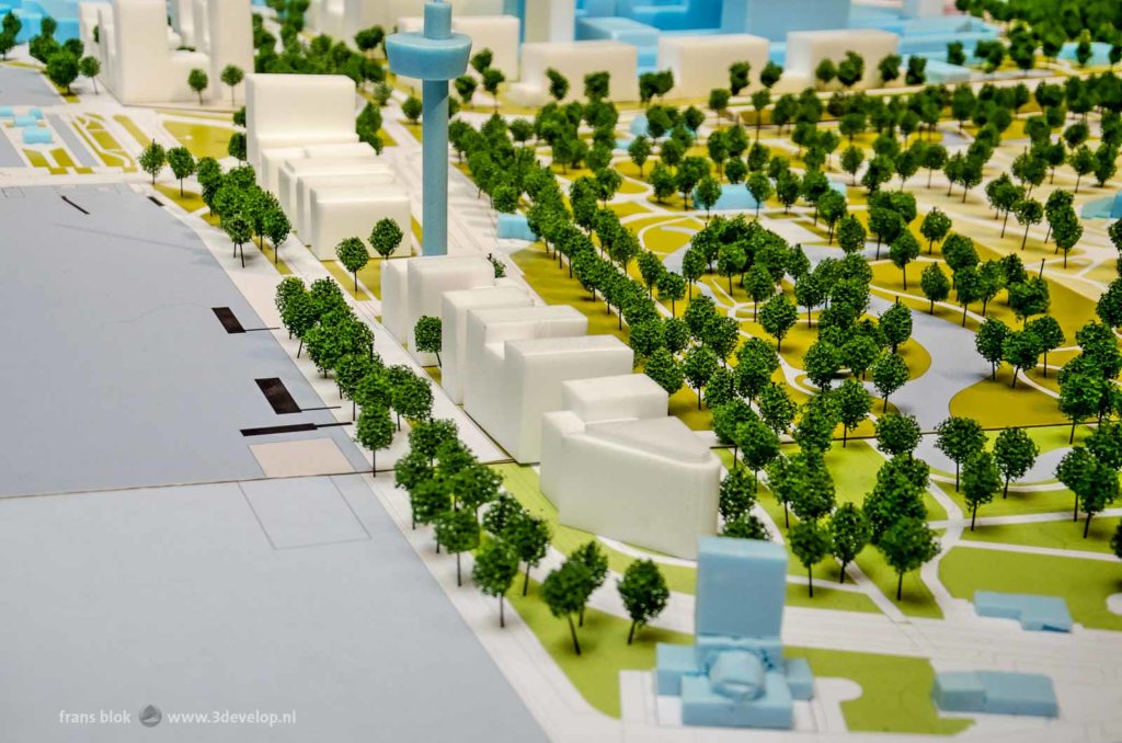 Part of a styrofoam model of the Rotterdam city center, with proposed housing blocks around the Euromast in The Park