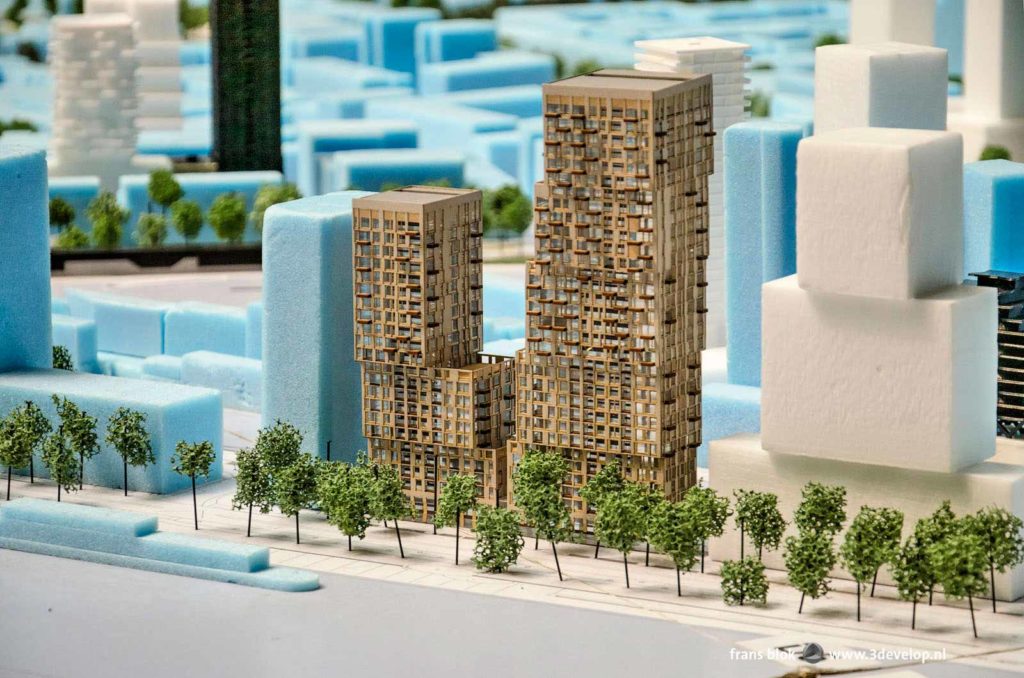 Part of the model with new projects in Rotterdam city center, including the Boompjes waterfront redevelopment