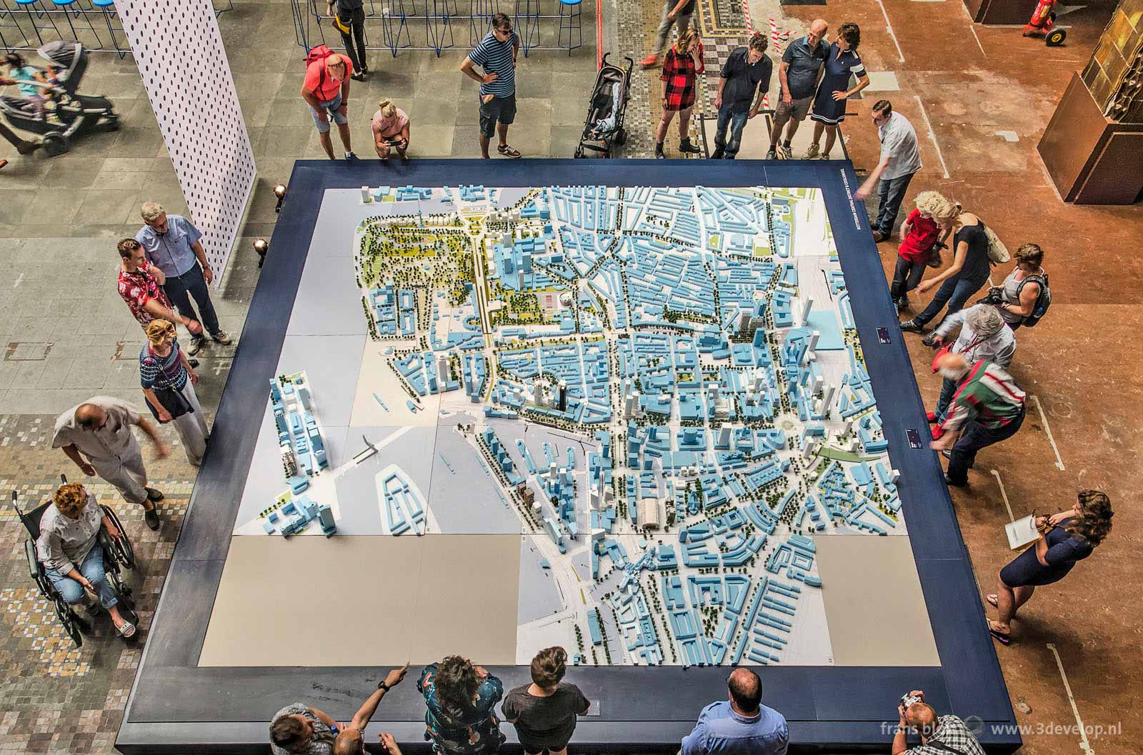 Top view of the model of new construction projects in downtown Rotterdam, in the hall of the Coolsingel Post Office