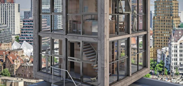 A compact cube-shaped house with a glass and wood facade, located on a high rooftop with a fictional Rotterdam skyline in the background