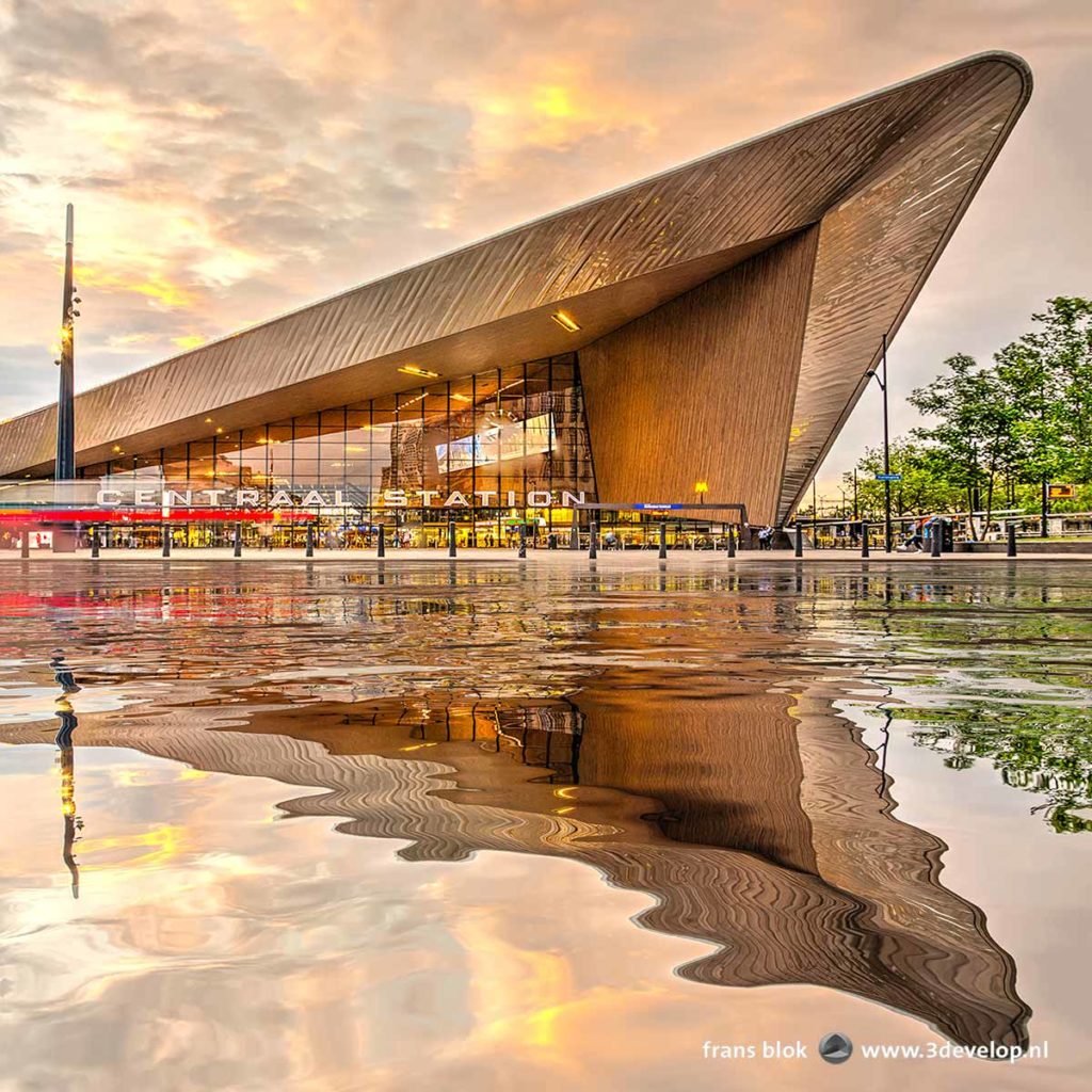 Digitally generated reflection of the Central Station in Rotterdam, The Netherlands in a fictional body of water