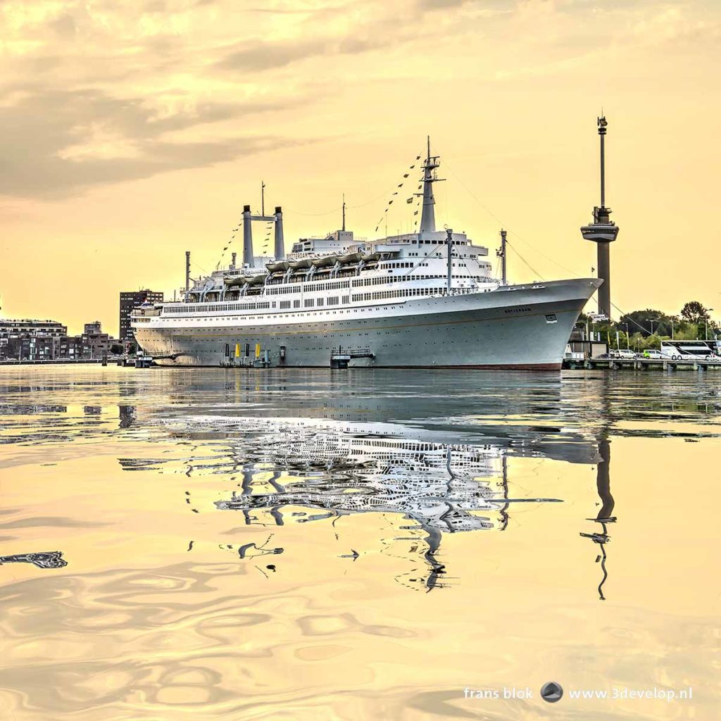 Former cruiseship SS Roterdam and the Euromast observation tower, reflecting in the digitally enhanced water of Maashaven harbour