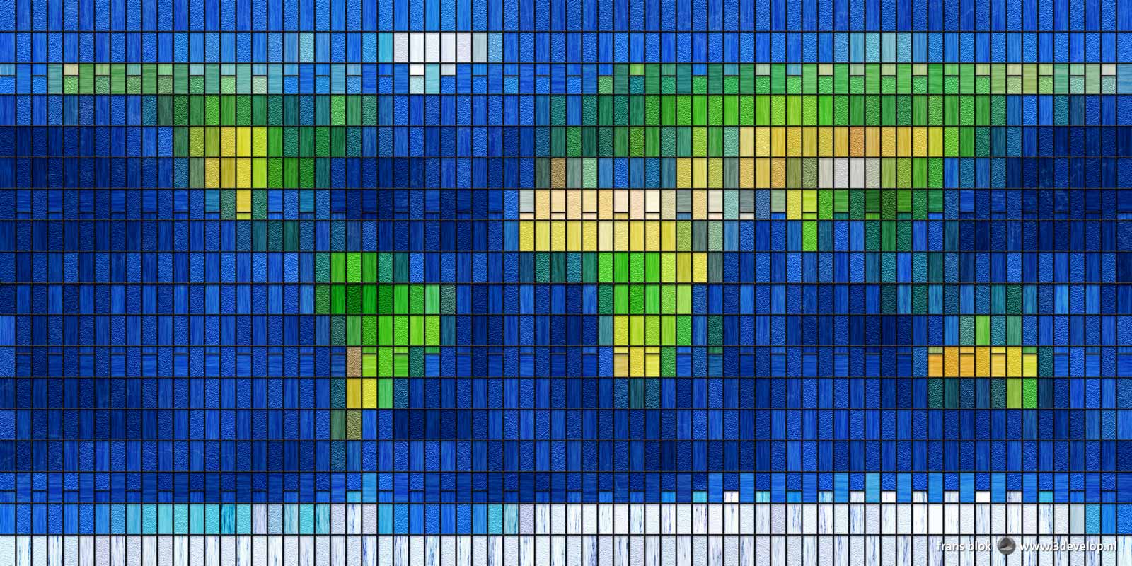 Eine digital erstellte Weltkarte aus 1440 farbigen virtuellen Glasstücken