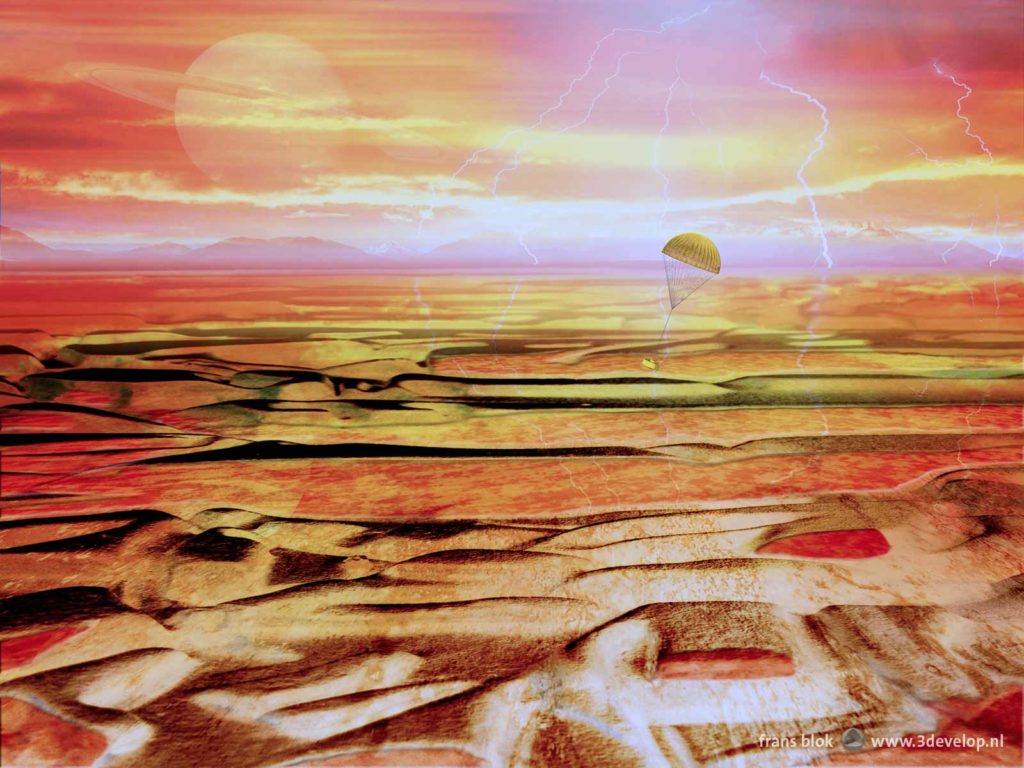 Artist impression of the ESA space probe Huygens, landing on Titan, largest moon of the planet Saturn, in january 2005