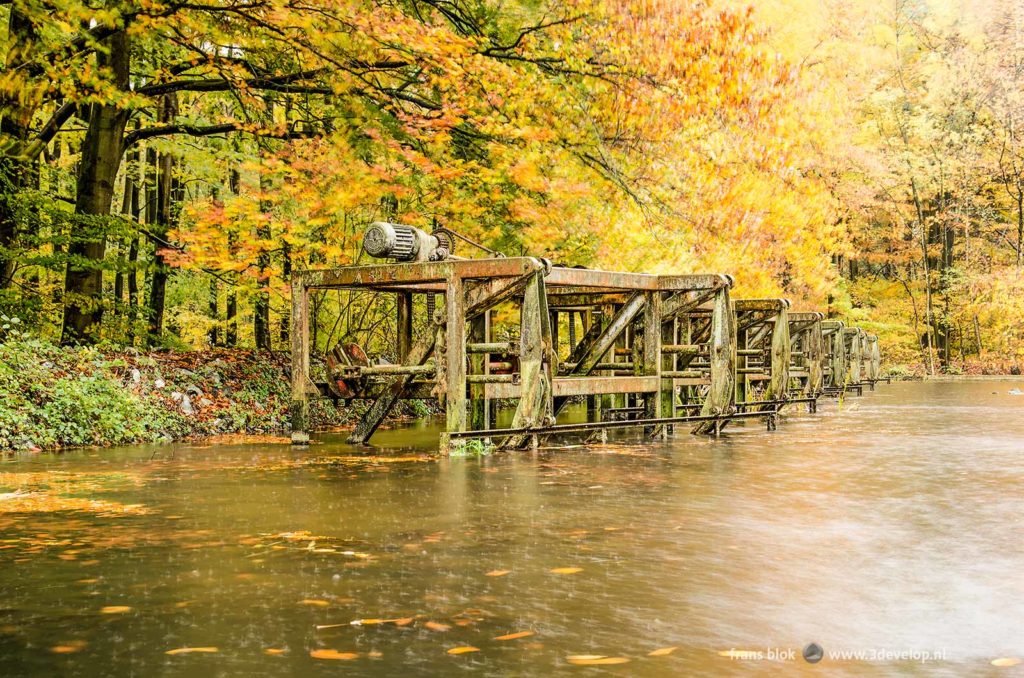 Rusty old installations in a pond, in the Waterloopbos (Hydraulic Forest) in the Dutch North East Polder on a rainy day in autumn