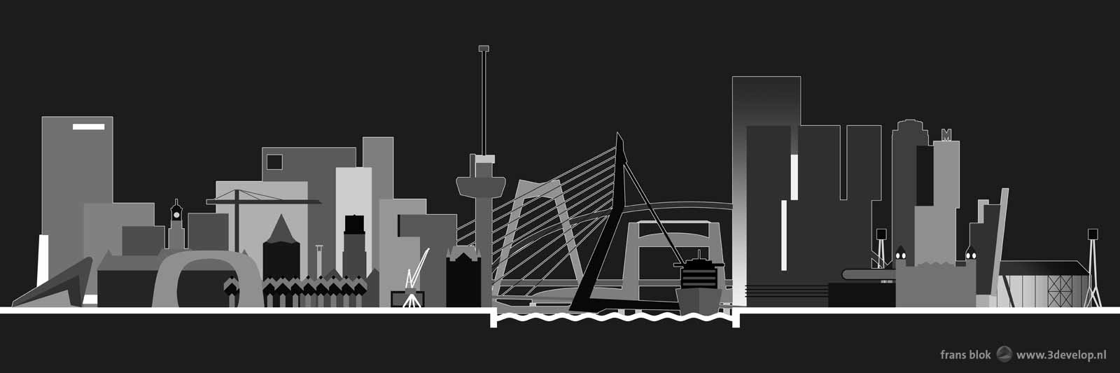 Graphic representation of the Rotterdam skyline, featuring Markthal, Euromast, Erasmus bridge and numerous other buildings bridges and other landmarks