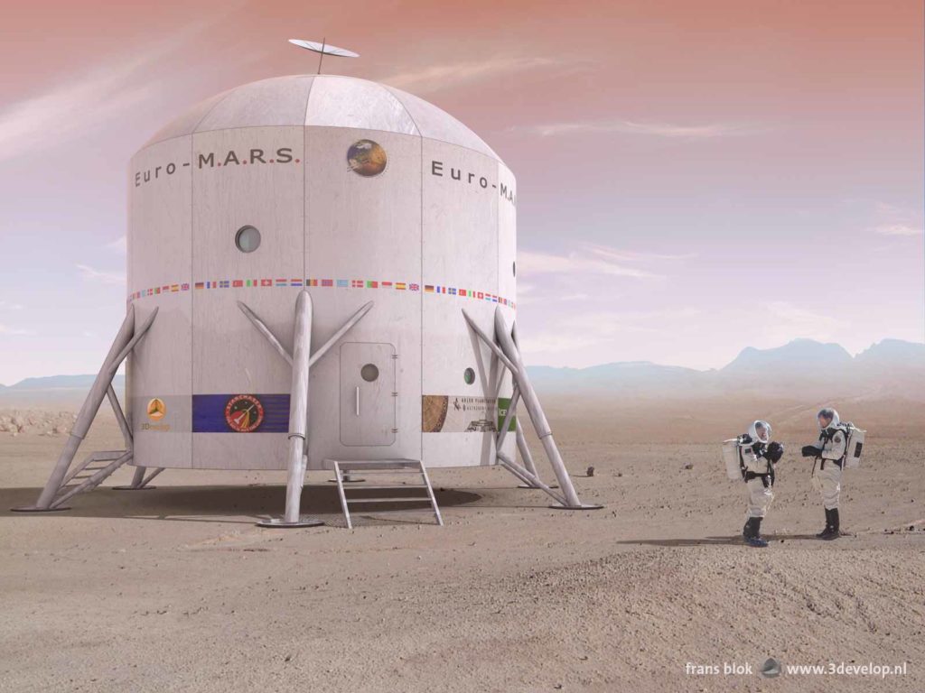 Artist impression of the European Mars Analogue Research Station at its proposed location in the area of the Krafla volcano in northern Iceland, with two astronauts discussing their equipment