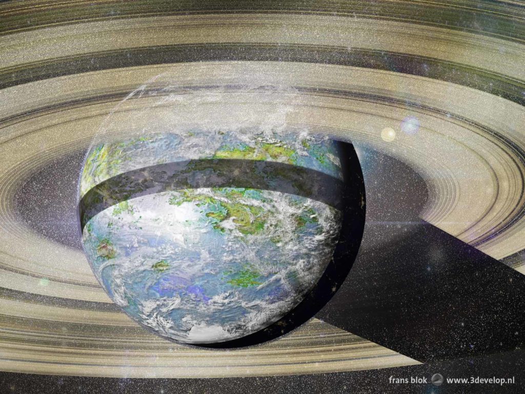 Artist impression of the planet Venus as seen from space, terraformed, with oceans, continents and cloud patterns, as well as rings to provide shade in the equatorial regions