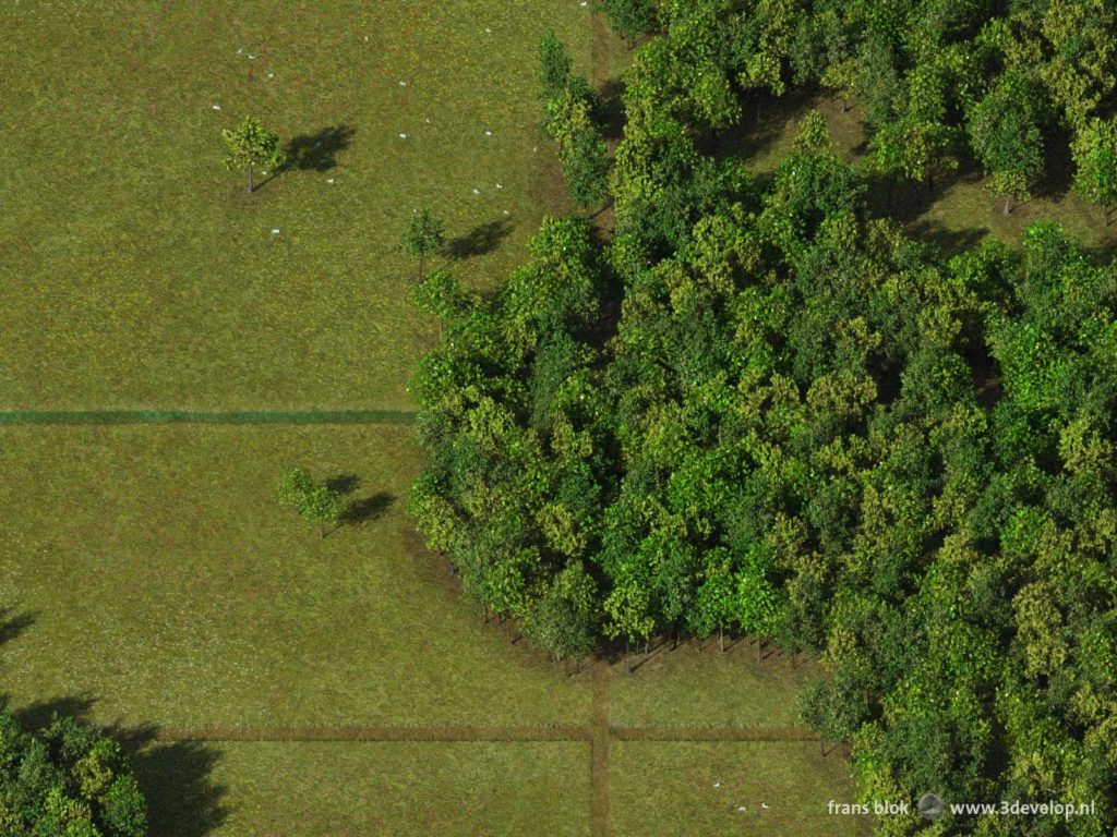 Detail van de Bos-wereldkaart, gemaakt van digitale bomen omgeven door virtuele grazige weiden, met Noord- en West-Afrika, Zuid-Europa, een stukje Brazilië en een deel van de Atlantische Oceaan