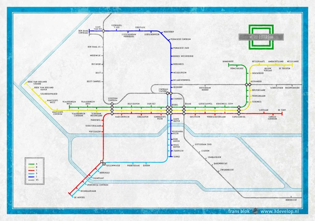 Alternatieve kaart van het metronetwerk van Rotterdam, geïnspireerd door de London Underground-plattegrond van Harry Beck uit 1935