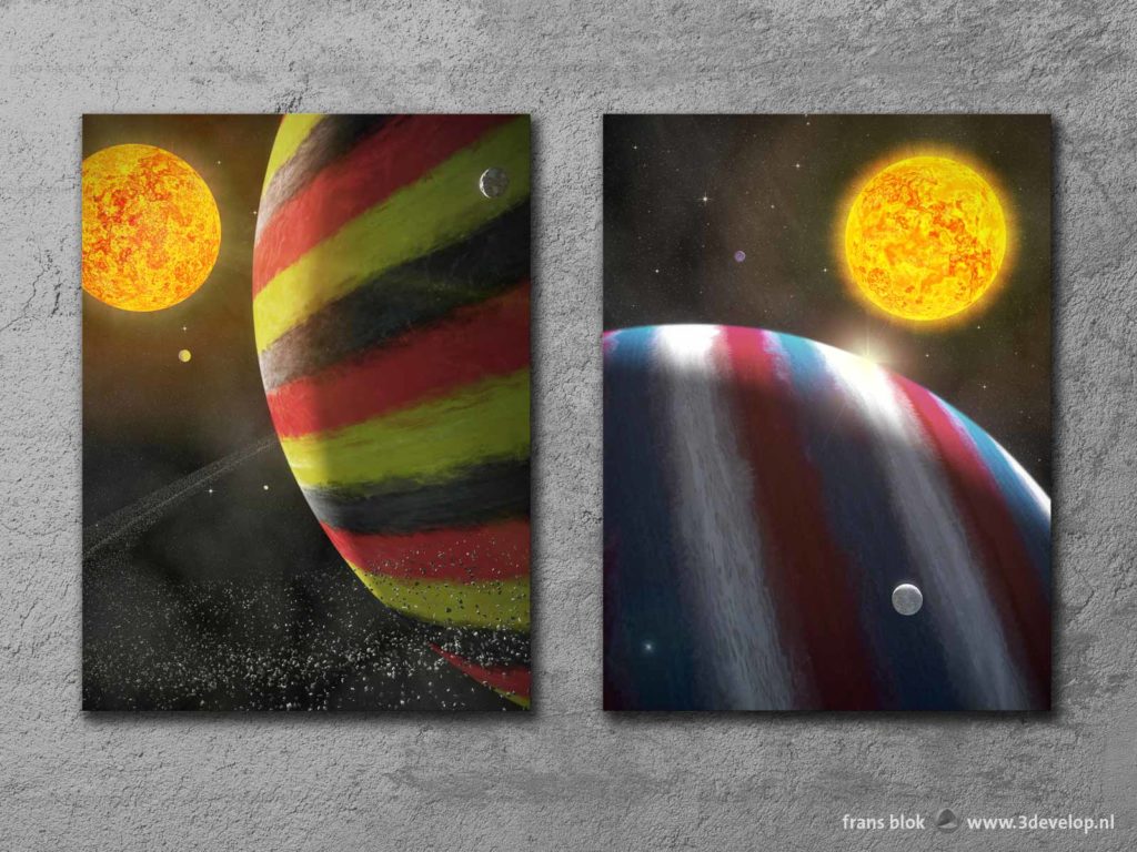 Two artist impressions of exoplanets, Jupiter-like gas giants, in the colors of the German and French flags