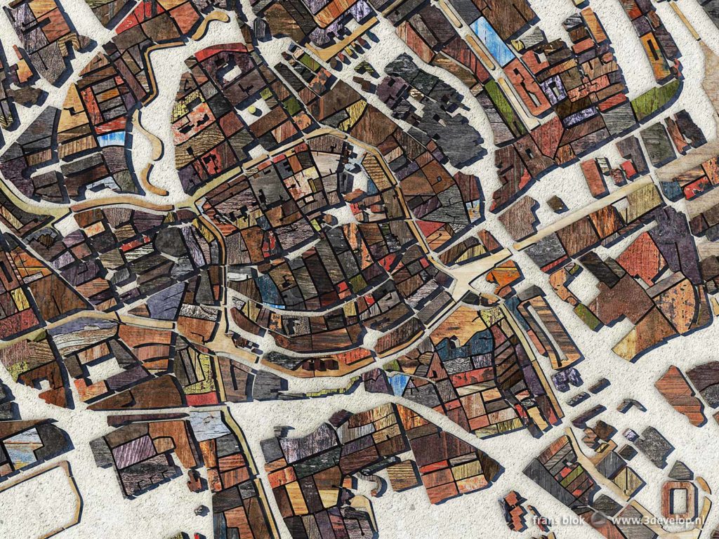 Detail of a map of the city of Groningen, The Netherlands, made of blocks of (digital) scrapwood