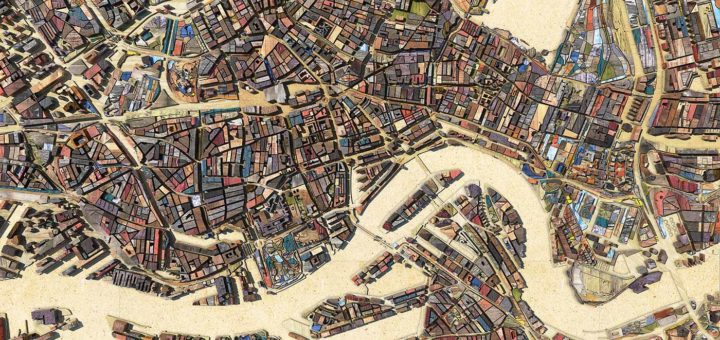 A map of the inner city of Rotterdam, The Netherlands and surrounding neighbourhoods, made of digital scrapwood, plywood and chipboard