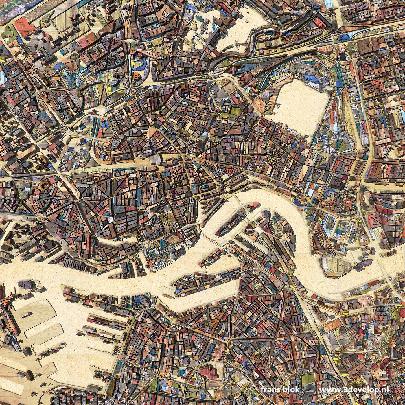 A map of the inner city of Rotterdam, The Netherlands and surrounding neighbourhoods, made of digital scrapwood, plywood and chipboard