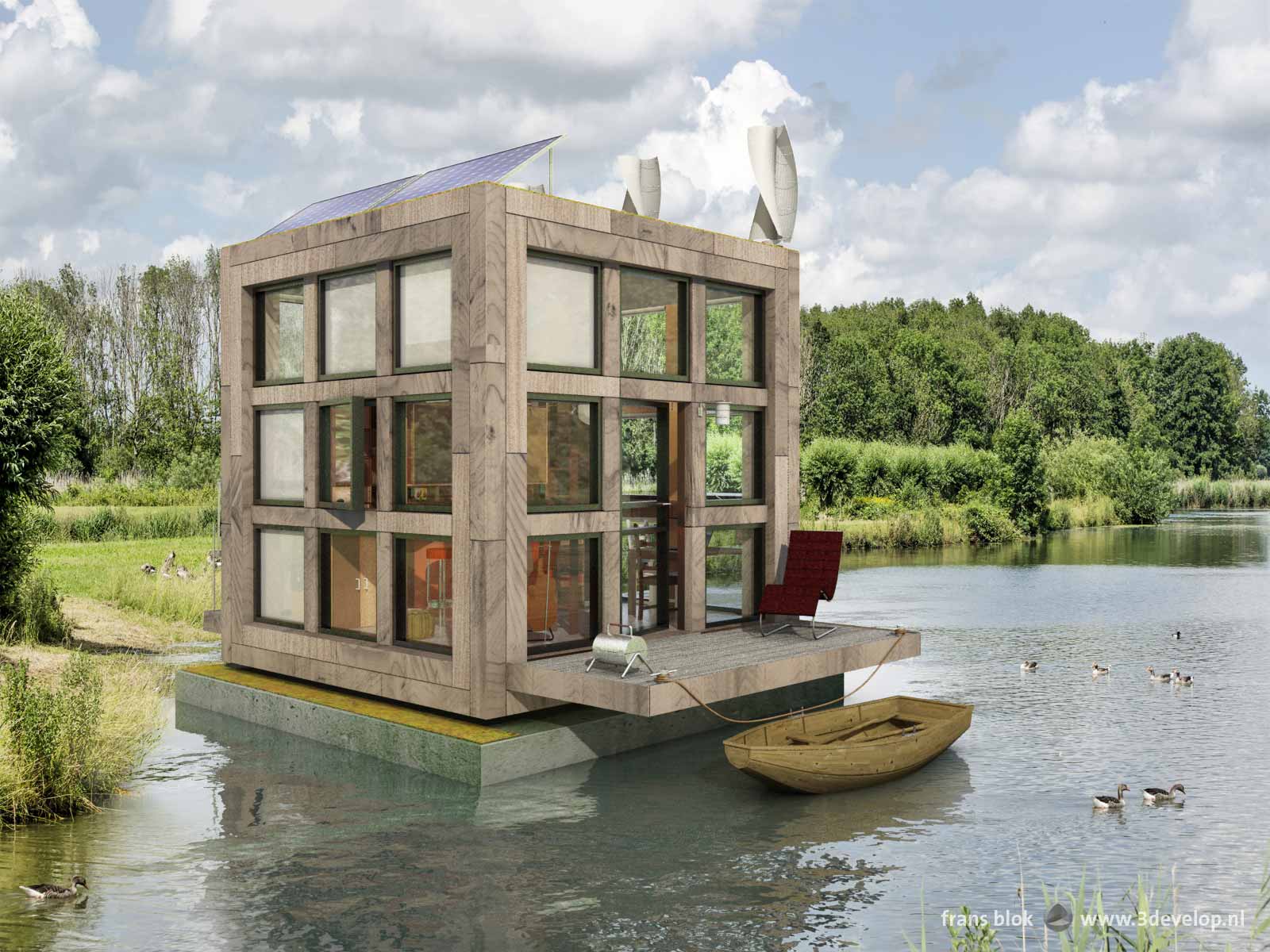 Block's little Block, a tiny houseboat in a green environment with forest, water, shrubs, reeds, grass and geese