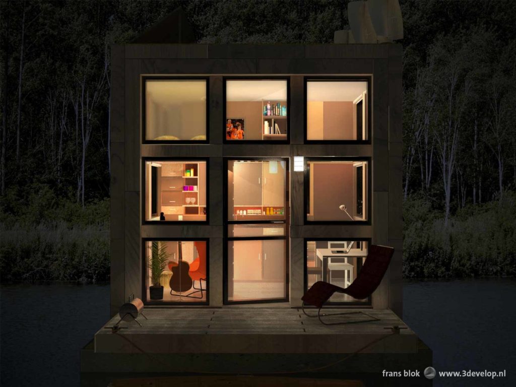 Night view of Block's little Block, a floating tiny house