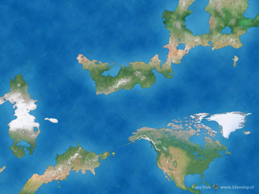 Detail of a world map of a hypothetical Flat Earth, with North America and various continents to the west and north