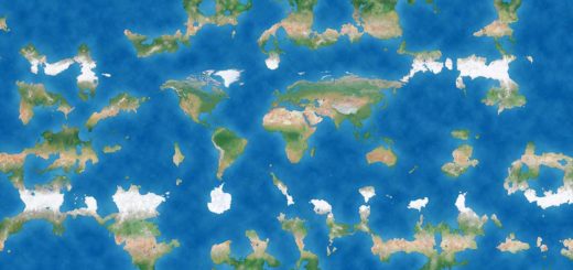 World map of a tiny section of a hypothetical Flat Earth, with the known oceans and continents in the center surrounded by various other land masses and bodies of water