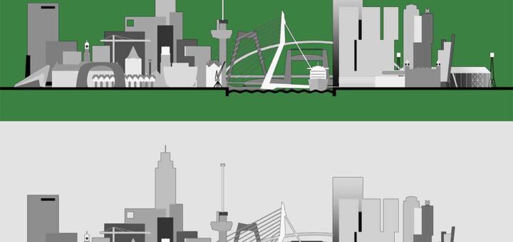 A graphical representation of the Rotterdam skyline with all important buildings, bridges and other icons, in four different color schemes