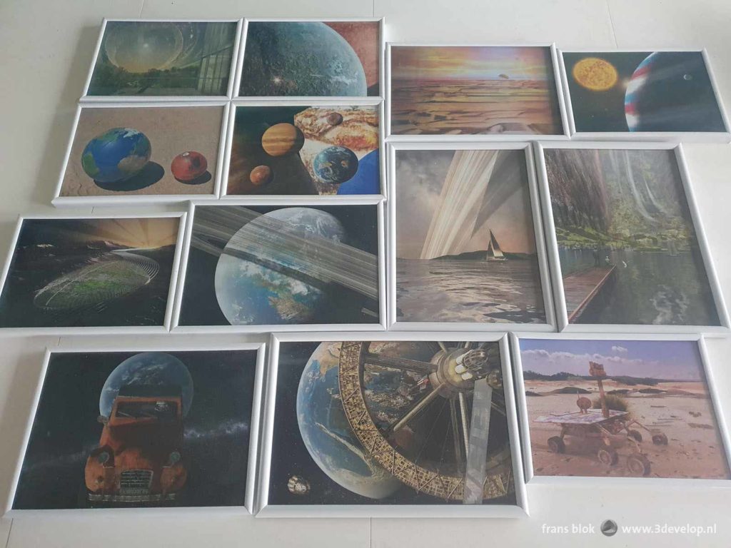 Thirteen pieces of space art by Frans Blok, framed and ready for an exhibition