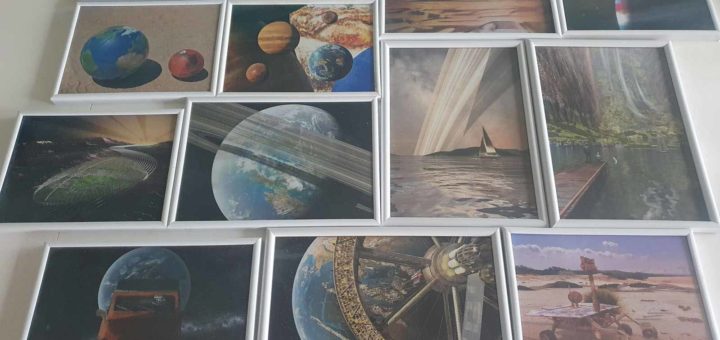 Thirteen pieces of space art by Frans Blok, framed and ready for an exhibition