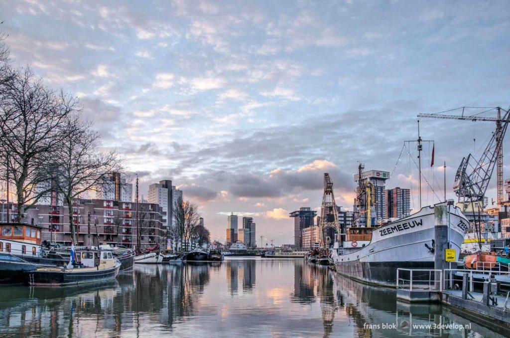 Beautiful sky shortly after sunrise over Maritime Oudoor Museum in Leuvehaven harbour in Rotterdam, The Netherlands