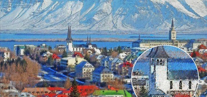 Blick von der Perlan-Aussichtsplattform auf dem Öskjuhlíð-Hügel über die isländische Hauptstadt Reykjavik, das Meer und die schneebedeckten Berge