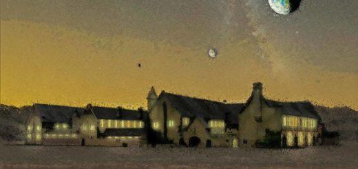 Impressionist sketch of a fictional abbey on the dark side of one of the planets around the ultra cool dwarf star TRAPPIST-1