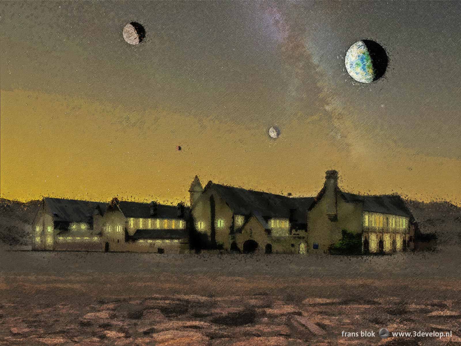 Impressionist sketch of a fictional abbey on the dark side of one of the planets around the ultra cool dwarf star TRAPPIST-1