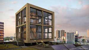 Artist impression of Blok's Block, a tiny house XL, on top of a tall building in Rotterdam, available as free wallpaper