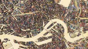 Free wallpaper of a map of Rotterdam made of virtual scrapwood on plywood