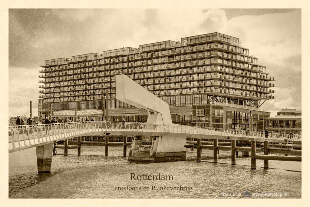 Artificially aged postcard of the renovated and extended Fenix Warehouse in Rotterdam Katendrecht with in the foreground Rijnhaven harbour and Rijnhaven Bridge, nicknamed the Whore Runner