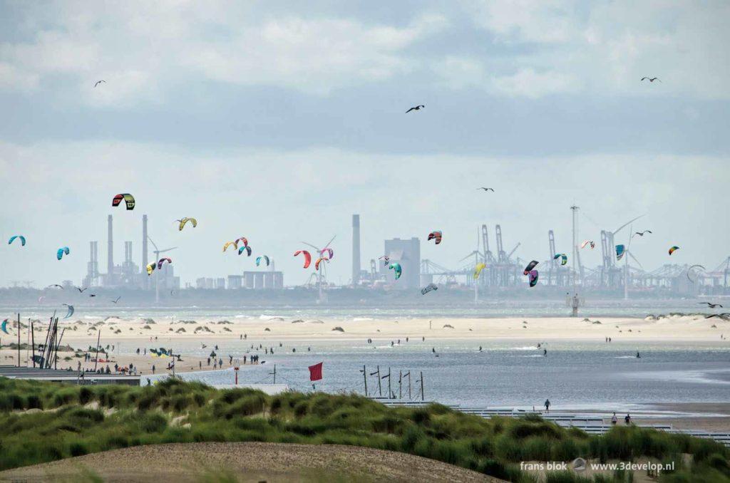 View from Kijkduin, the Netherlands towards the Sand Engine, the Northsea and Europoort/Maasvlakte industry