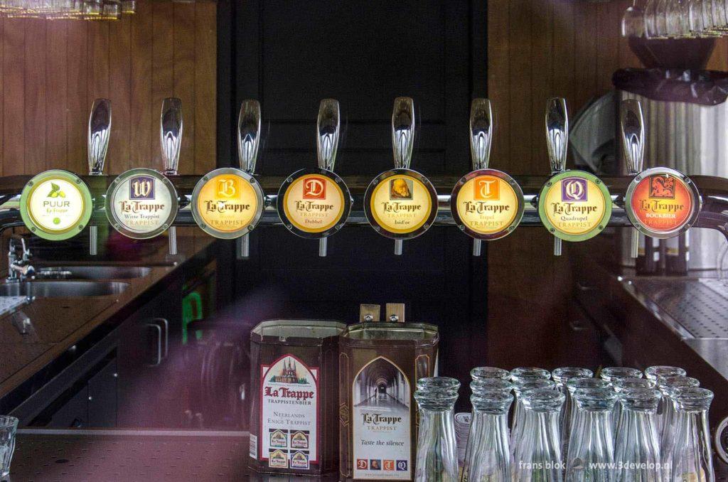 Eight beers by trappist brewery La Trappe near Tilburg, The Netherlands, on draught