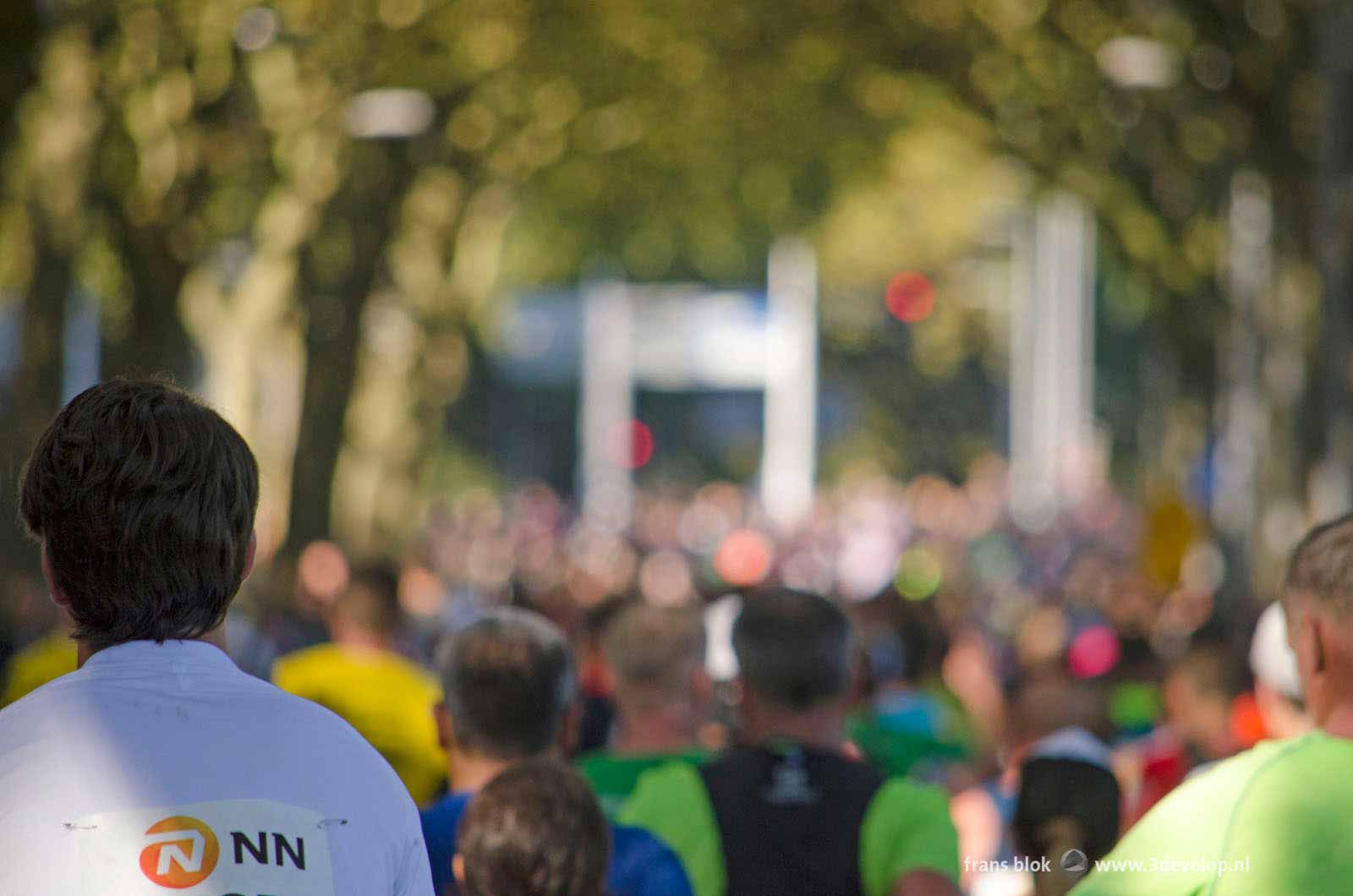 Marathon runner seen on the back with a blurry background of hundreds of other runners during the Rotterdam marathon in 2021