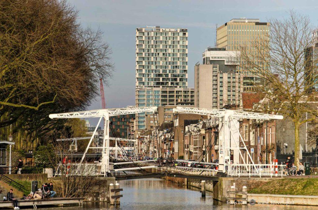 Leidse Rijn canal in Utrecht, the Netherlands, with the downtown highrise in the background on a sunny day in spring