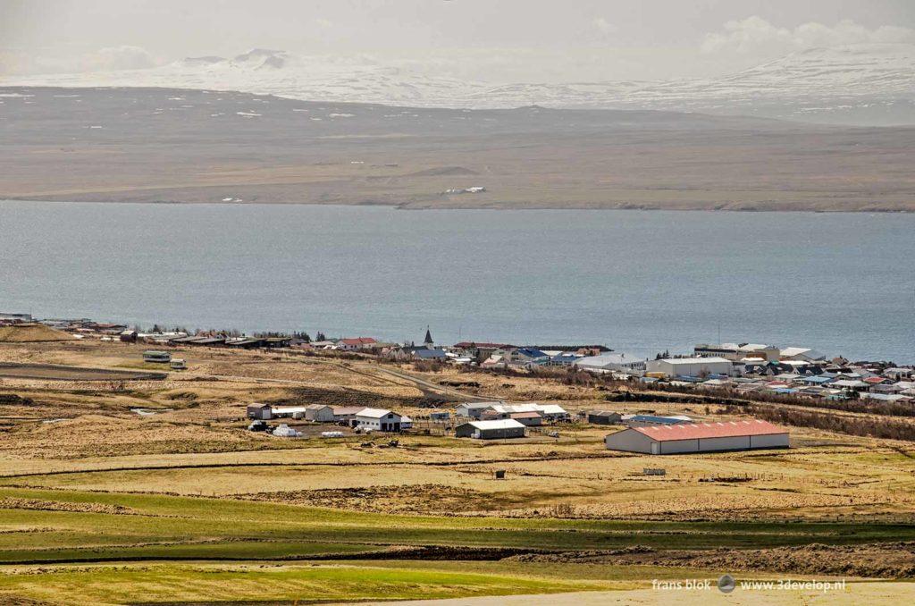 View from the mountains towards the town of Hvammstangi, the fjord and the surrounding landscape in the northern part of Iceland