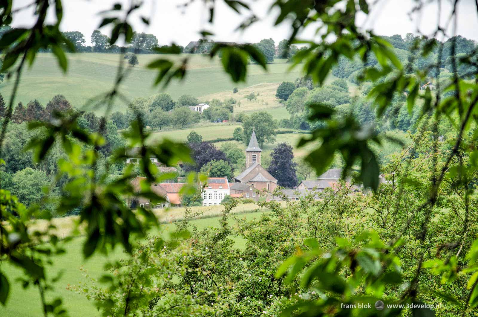 The church in the village of Slenaken, province of Limburg, The Netherlands, seen through the trees in a hilly landscape