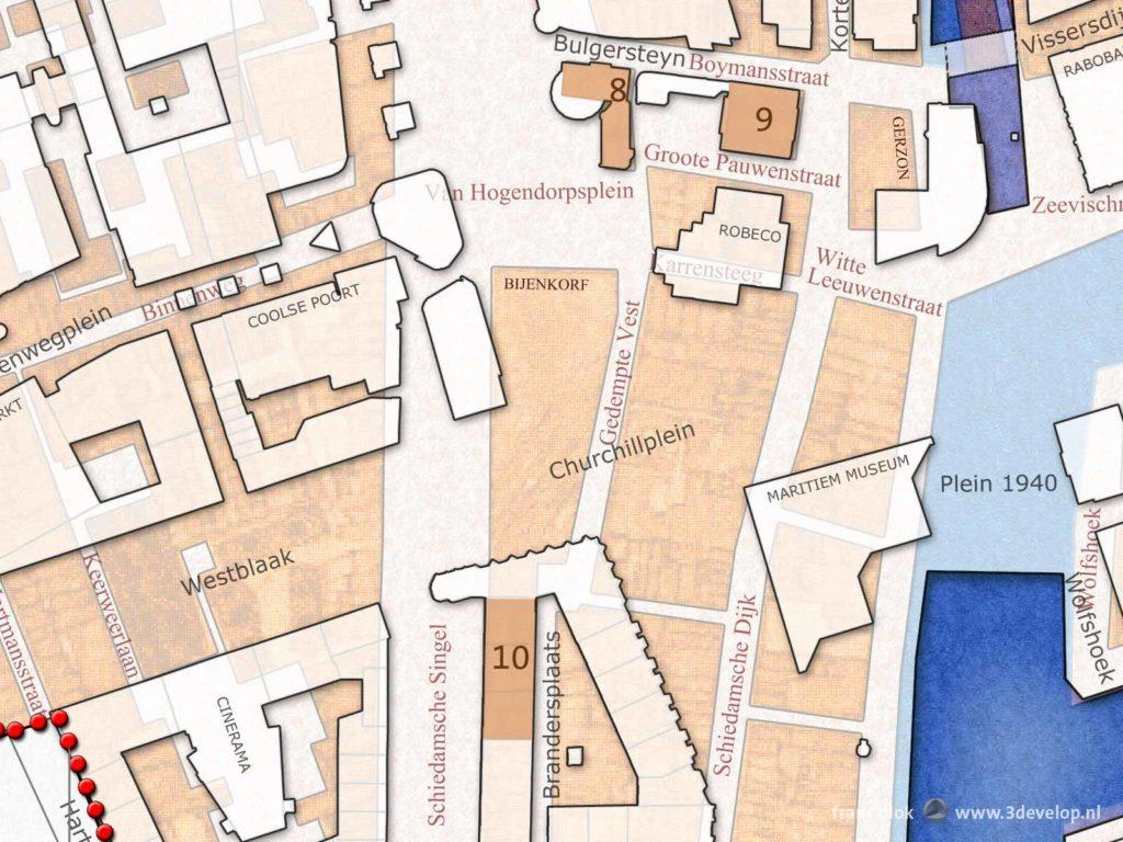 Vergelijking van de plattegrond van Rotterdam voor 1940 en tegenwoordig in het gebied waar ooit de Bijenkorf van Dudok stond en nu het Churchillplein is