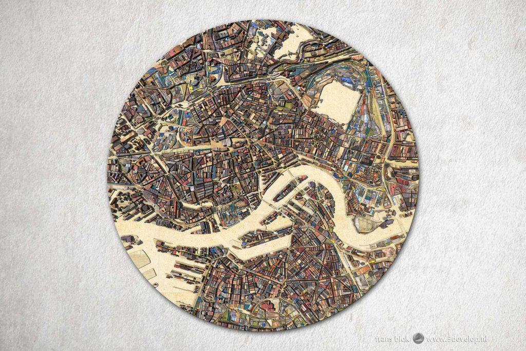 Round print of the Scrapwood Map of Rotterdam on a somewhat rough wall